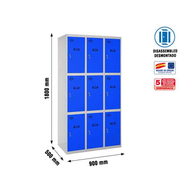 Taquilla 1800x900x500 SIMONLOCKER 3 PUERTAS 3/9 300 (900) GR/AZ marca SIMONRACK