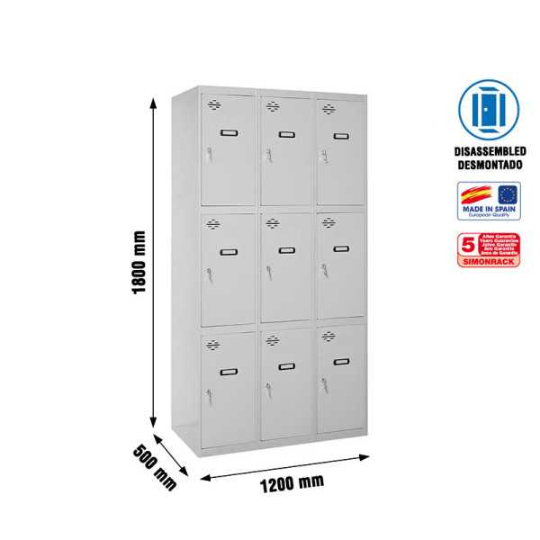 Taquilla 1800x1200x500 SIMONLOCKER 3 PUERTAS 3/9 400 (1200) GRIS marca SIMONRACK