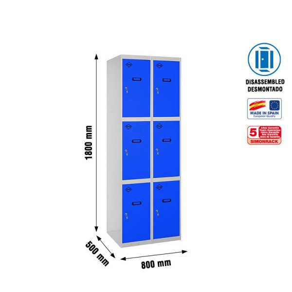 Taquilla 1800x800x500 SIMONLOCKER 3 PUERTAS 2/6 400 (800) GR/AZ marca SIMONRACK