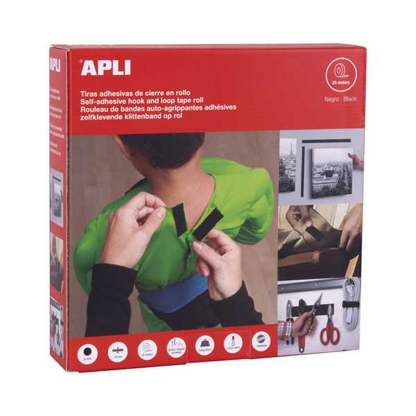 Cinta Adhesiva Tipo Velcro 2 cm x 25 m Negra APLI