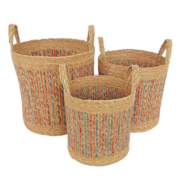 Cesta Cilíndrica con Asas de Anea Decorada 3 Unidades