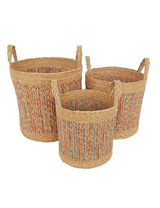 Cesta Cilíndrica con Asas de Anea Decorada 3 Unidades