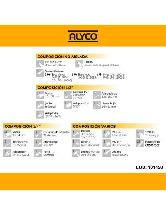 Juego en estuche con 98 herramientas combinadas ALYCO