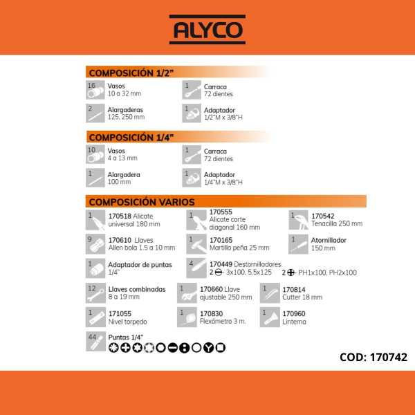 Juego combinado de herramientas en estuche de plástico de 113 piezas ORANGE ALYCO