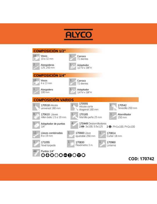 Juego combinado de herramientas en estuche de plástico de 113 piezas ORANGE ALYCO