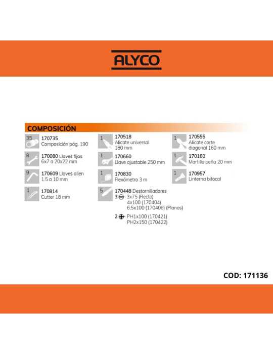 Caja metálica de herramientas de 3 bandejas con 65 piezas ORANGE ALYCO