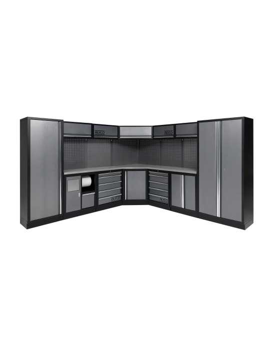 Conjunto de taller modular con esquinero de 7 módulos y superficie de acero inoxidable ALYCO