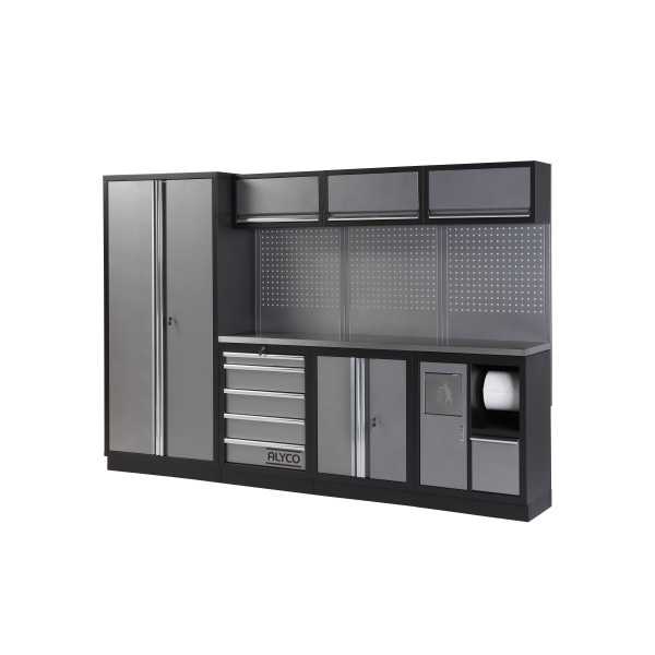 Conjunto de taller modular de 4 módulos con superficie de acero inoxidable ALYCO