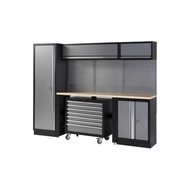 Conjunto de taller modular de 4 módulos con carro extraíble y superficie de madera ALYCO