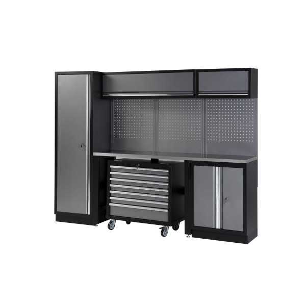 Conjunto de taller modular de 4 módulos con carro extraíble y superficie de acero inoxidable ALYCO