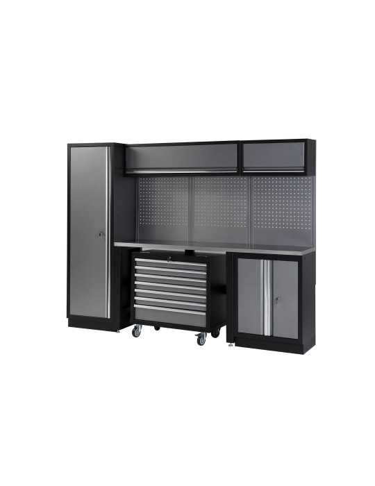 Conjunto de taller modular de 4 módulos con carro extraíble y superficie de acero inoxidable ALYCO
