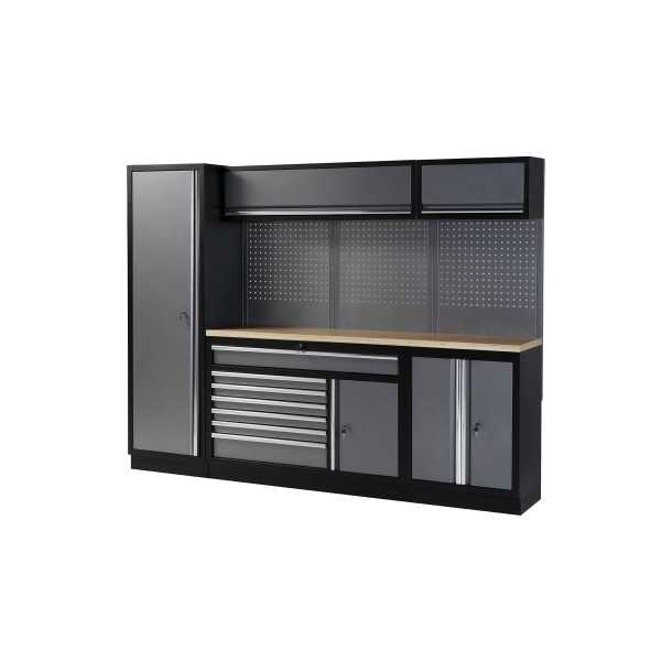 Conjunto de taller modular de 4 módulos con base móvil y superficie de madera ALYCO