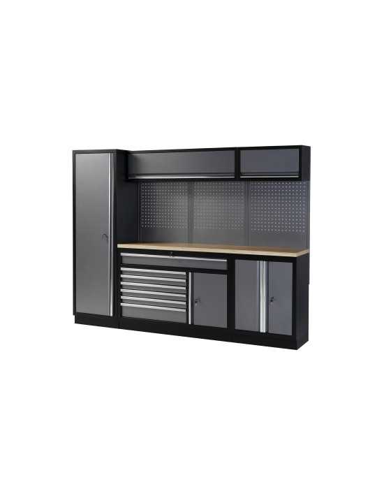 Conjunto de taller modular de 4 módulos con base móvil y superficie de madera ALYCO