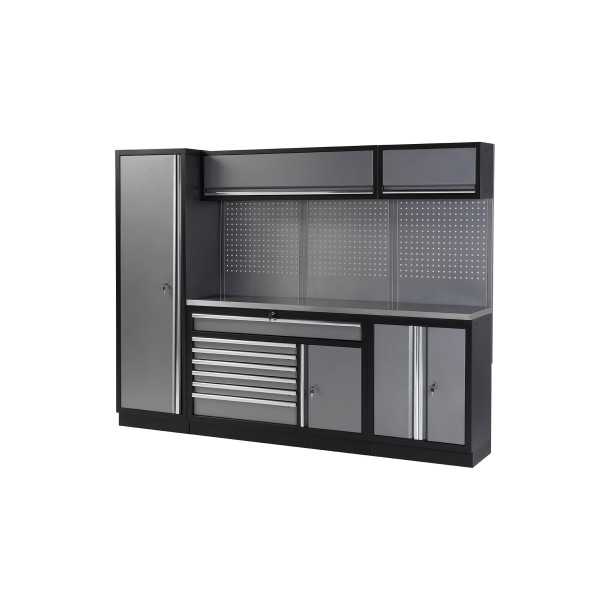 Conjunto de taller modular de 4 módulos con base fija y superficie de acero inoxidable ALYCO