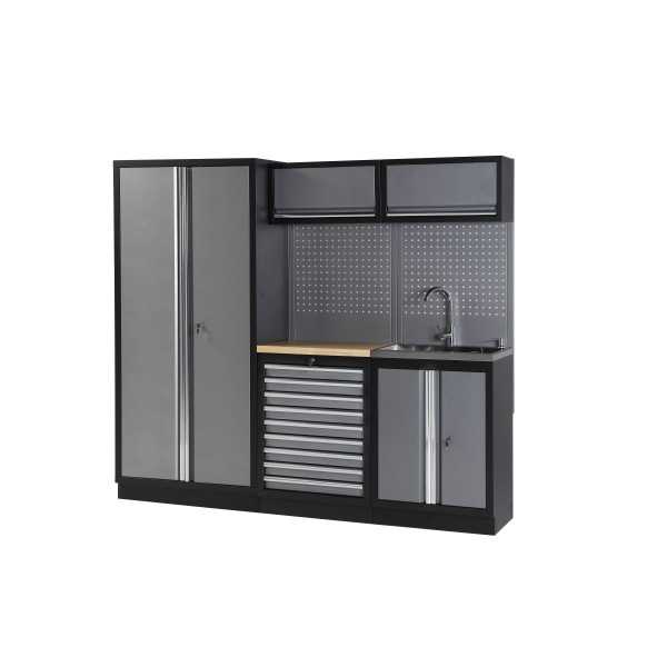 Conjunto de taller modular de 3 módulos con superficie de madera y grifo ALYCO