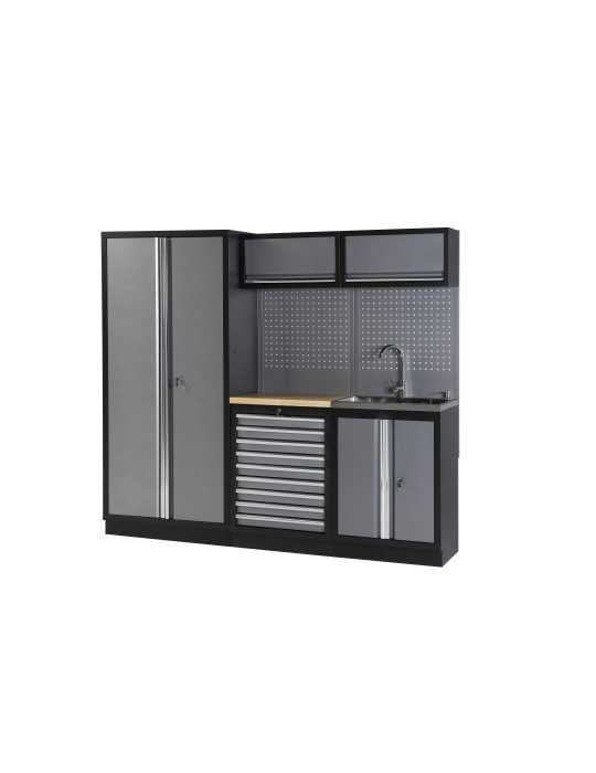 Conjunto de taller modular de 3 módulos con superficie de madera y grifo ALYCO