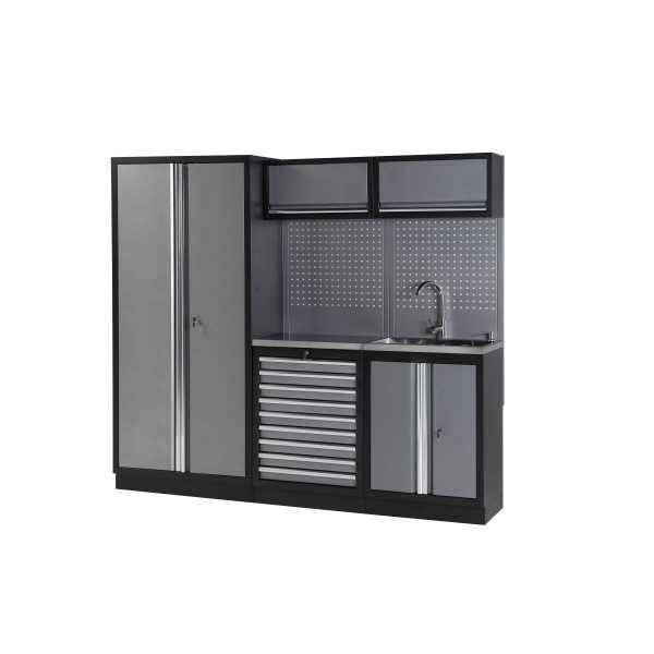 Conjunto de taller modular de 3 módulos con superficie de acero inoxidable y grifo ALYCO