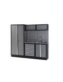 Conjunto de taller modular de 3 módulos con superficie de acero inoxidable y grifo ALYCO