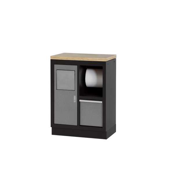 Armario base multifunción con portón, soporte para cubo y rollo y encimera de madera ALYCO