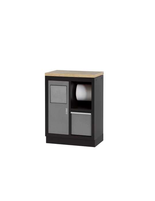 Armario base multifunción con portón, soporte para cubo y rollo y encimera de madera ALYCO