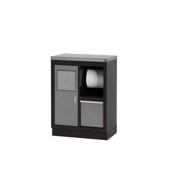 Armario base multifunción con portón, soporte para cubo y rollo y encimera de acero inoxidable ALYCO