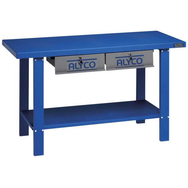 Mesa de trabajo metálica de 1500 mm con 2 cajones y panel ALYCO