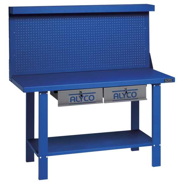 Mesa de trabajo metálica de 1500 mm con 2 cajones y panel ALYCO