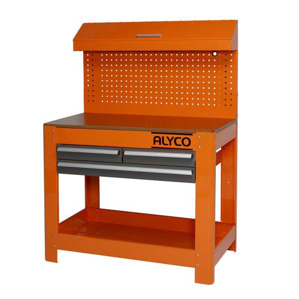 Mesa de trabajo metálica con 3 cajones, panel y módulo superior ORANGE ALYCO
