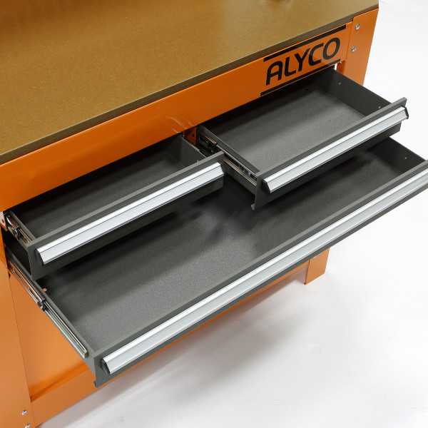 Mesa de trabajo metálica con 3 cajones, panel y módulo superior ORANGE ALYCO