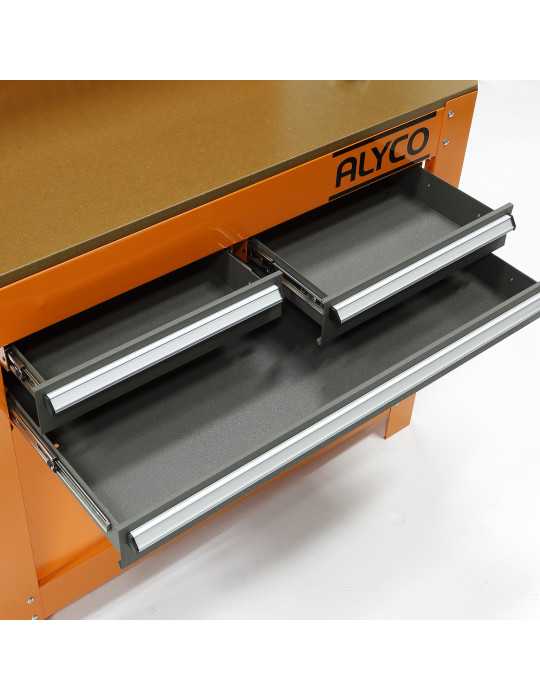 Mesa de trabajo metálica con 3 cajones, panel y módulo superior ORANGE ALYCO