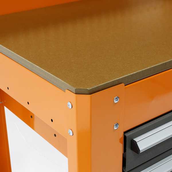 Mesa de trabajo metálica con 3 cajones, panel y módulo superior ORANGE ALYCO