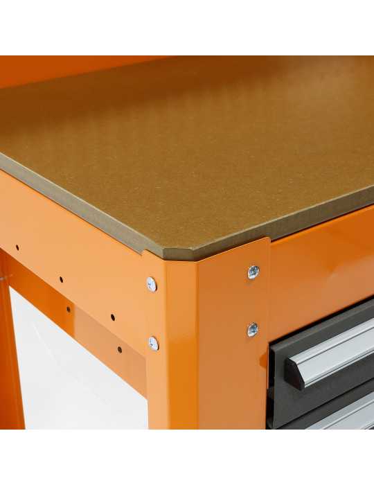 Mesa de trabajo metálica con 3 cajones, panel y módulo superior ORANGE ALYCO