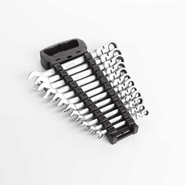 Juego de 12 llaves combinadas con carraca articulada flexible en soporte de plástico ALYCO