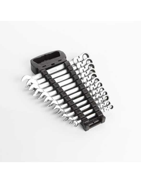 Juego de 12 llaves combinadas con carraca articulada flexible en soporte de plástico ALYCO