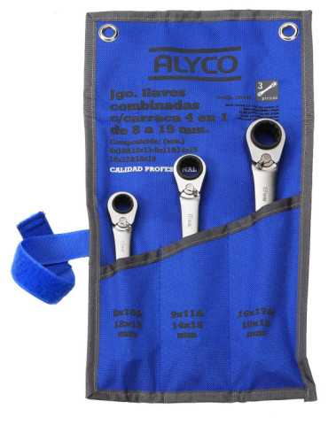 Juego de 3 llaves con carraca 4 en 1 en bolsa de nylon ALYCO