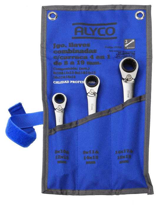 Juego de 3 llaves con carraca 4 en 1 en bolsa de nylon ALYCO