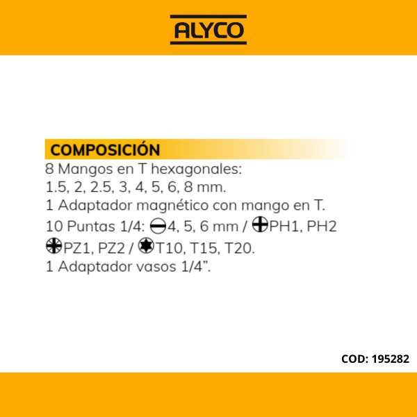 Juego de 20 piezas con mangos en T, adaptador y puntas en bolsa de nylon ALYCO