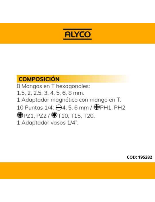 Juego de 20 piezas con mangos en T, adaptador y puntas en bolsa de nylon ALYCO