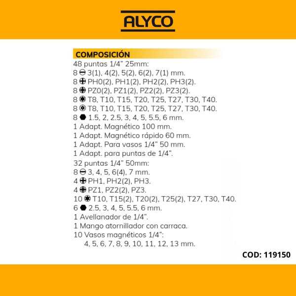 Juego de atornillador con carraca, puntas, vasos y adaptadores 96 piezas ALYCO
