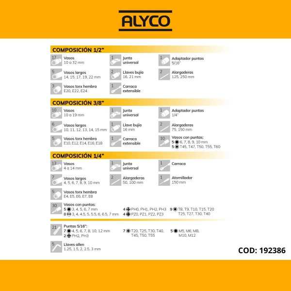 Juego de llaves de vaso y accesorios 1/4", 3/8" y 1/2" 155 piezas ALYCO