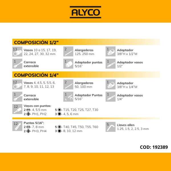 Juego de llaves de vaso y accesorios 1/4" y 1/2" 66 piezas ALYCO