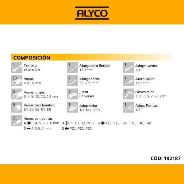 Juego de llaves de vaso 1/4" con carraca y accesorios 58 piezas ALYCO