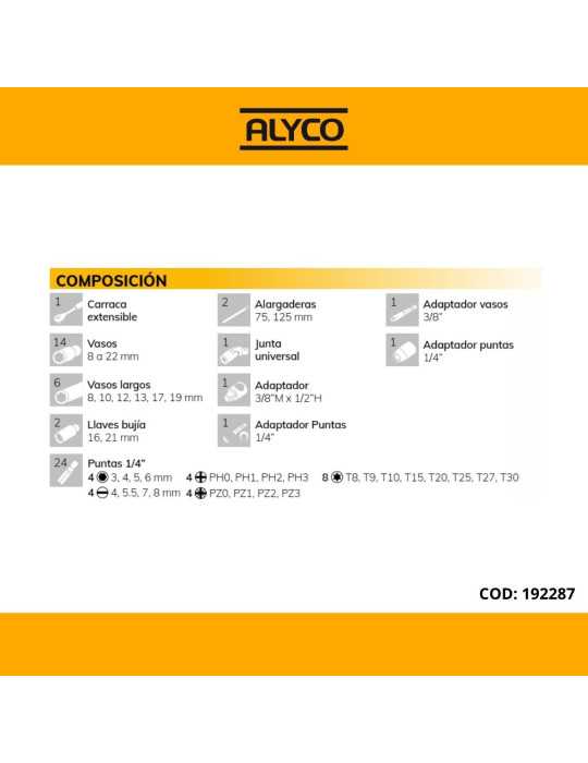 Juego de llaves de vaso 3/8" con carraca y accesorios 54 piezas ALYCO
