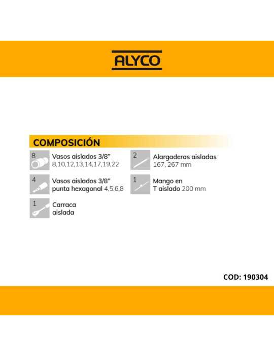 Juego de vasos y accesorios aislados VDE 3/8" 16 piezas ALYCO