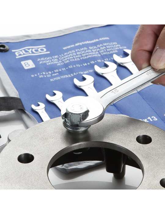 Juego de 8 llaves fijas de 2 bocas abiertas 6x7-20x22 mm en bolsa de nylon ALYCO