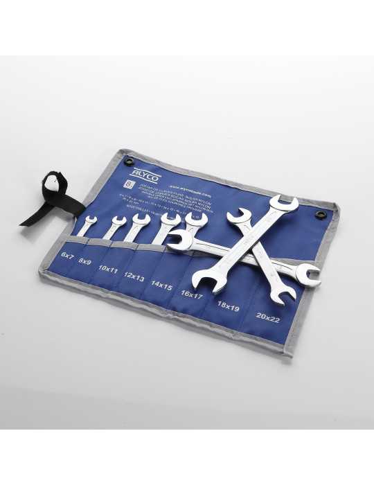 Juego de 8 llaves fijas de 2 bocas abiertas 6x7-20x22 mm en bolsa de nylon ALYCO