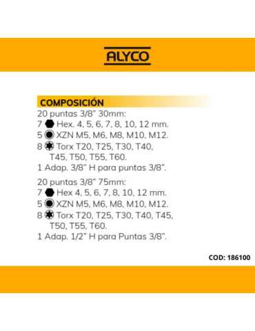 Juego de 40 puntas de 3/8" y 2 adaptadores en caja metálica ALYCO 2