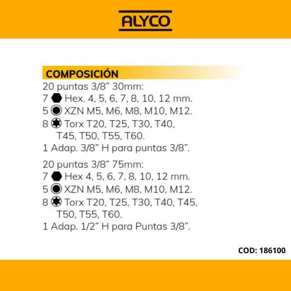 Juego de 40 puntas de 3/8" y 2 adaptadores en caja metálica ALYCO