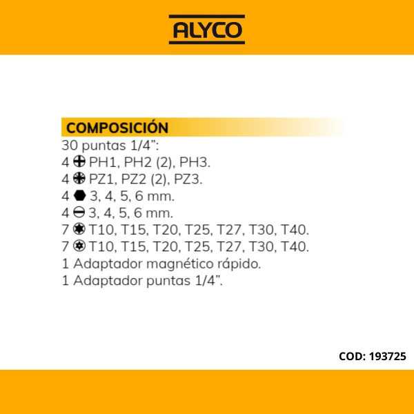Juego de 32 puntas y adaptadores de 1/4" en caja de plástico ALYCO