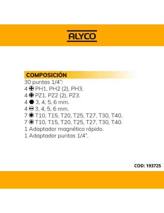 Juego de 32 puntas y adaptadores de 1/4" en caja de plástico ALYCO